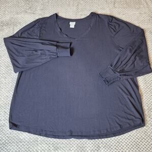 Chico's Puff Sleeve Top Women XXL Navy Blue V Neck Casual Long Sleeve Shirt